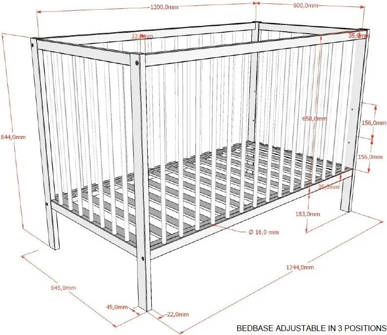 Кафяво детско креватче 60x120 cm от масивен бук с регулируема височина Dino – Vipack