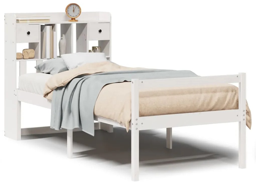 3322042 vidaXL Легло с рафтове за книги, без матрак, бял, 90x190 см, бор масив