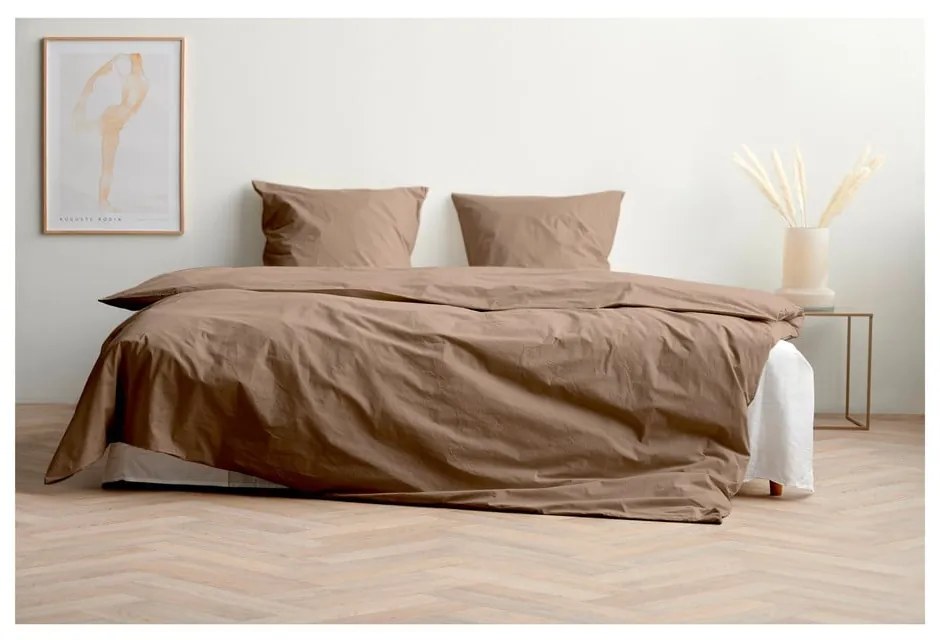 Кафяво удължено спално бельо за двойно легло от памучен перкал 200x220 cm Crisp - Södahl