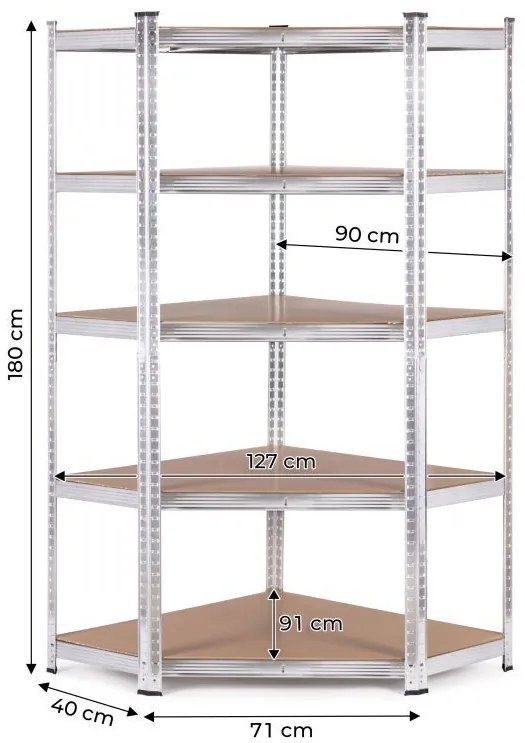 Стабилен ъглов метален стелаж за съхранение с 5 рафта 180x90x40 см