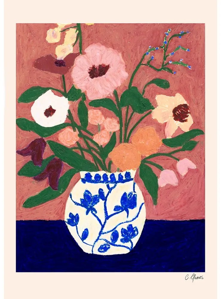 Постер 30x40 cm Flowers on Blue Table – Carla Llanos – The Poster Club