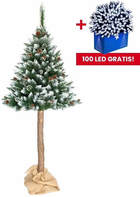 Луксозна леко заснежена изкуствена коледна елха с шишарки на дънер 190 см