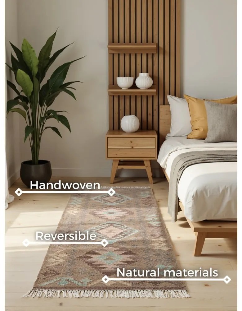 Светлосиня и бежова двустранна ръчно изработена вълнена пътека 60x190 cm Kamal Dune – Nouristan