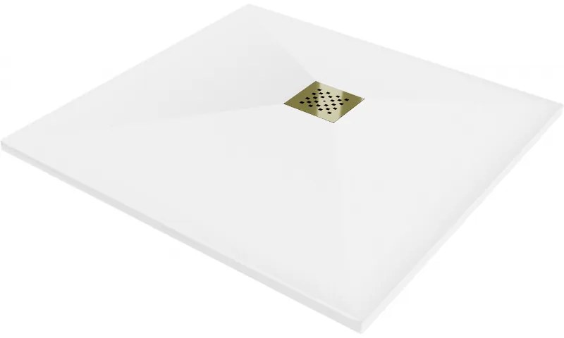 Mexen Stone+ композитен квадратен поддушник 80 x 80 см, бял, златна капачка - 44108080-G