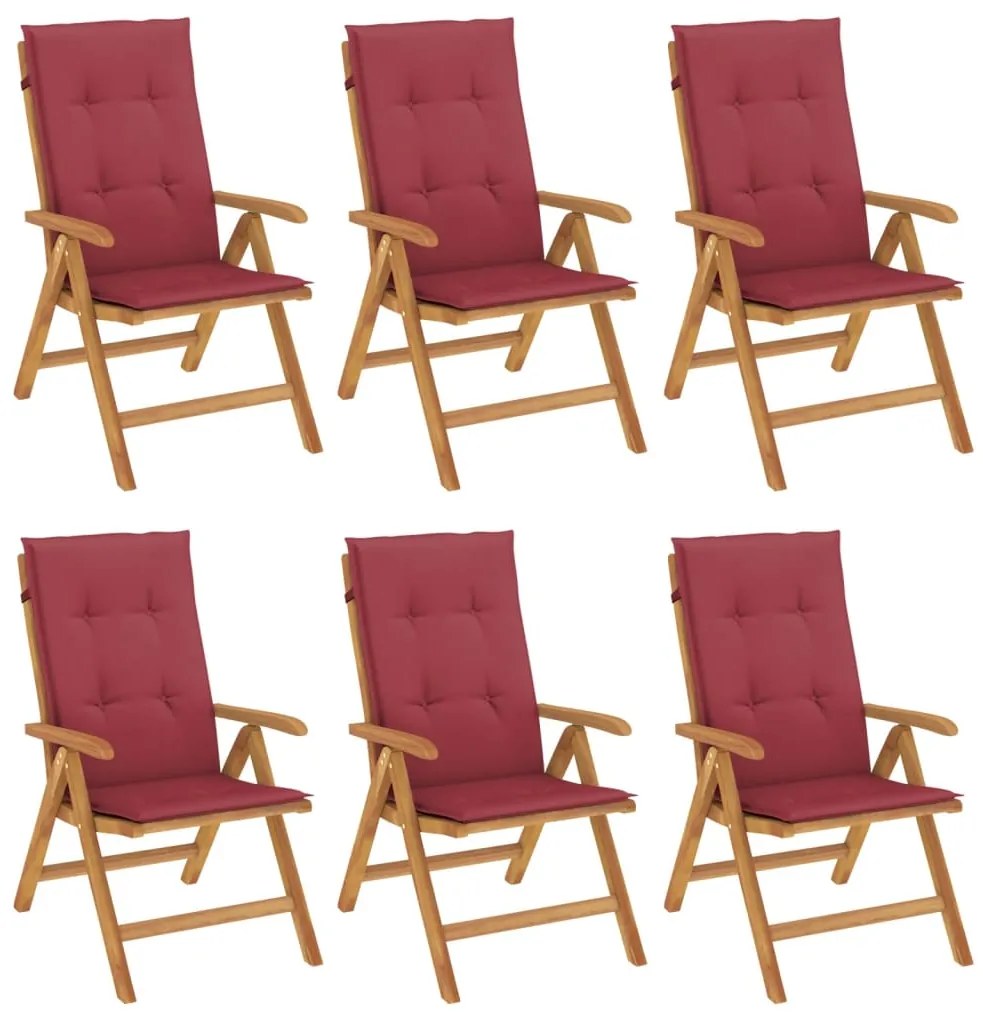 3196502 vidaXL Наклоняеми градински столове с възглавници, 6 бр, тик масив