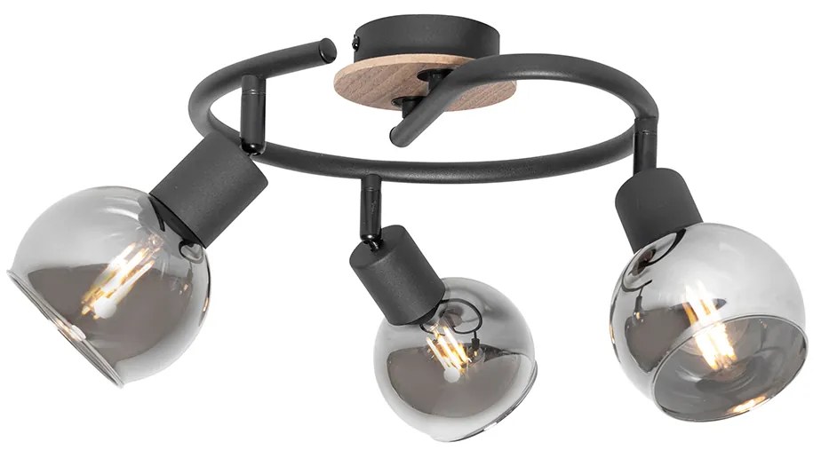 Таванна лампа черна 44,5 см с димно стъкло и дърво 3-светлина - Vidro