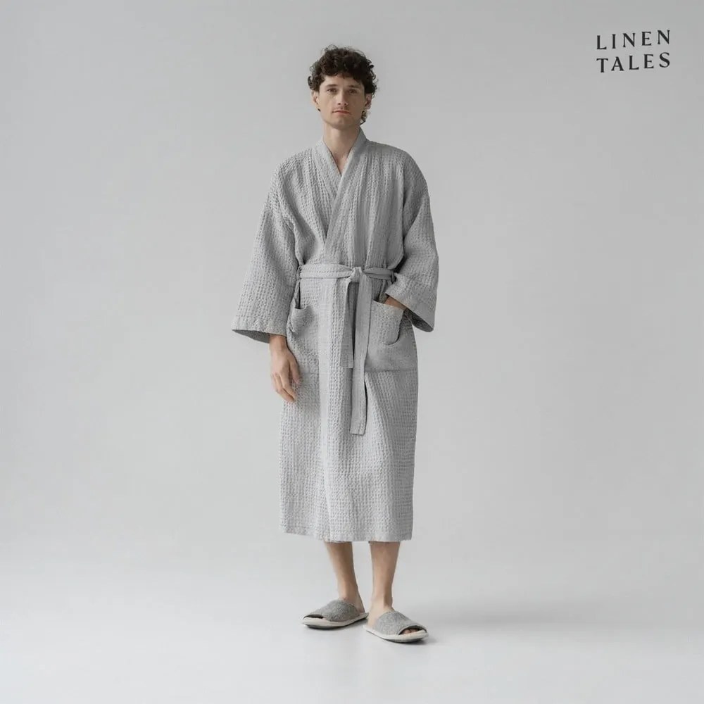 Светлосив халат за баня размер L/XL Honeycomb - Linen Tales