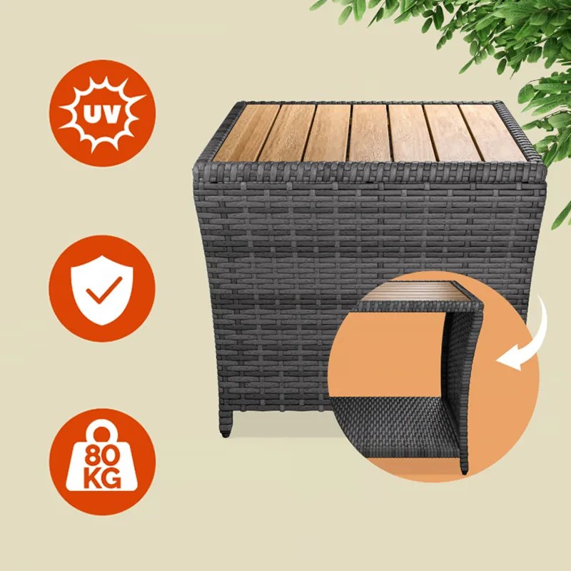 Странична маса от полиротанг с плот от акациева дървесина 45 × 45 cm Сив