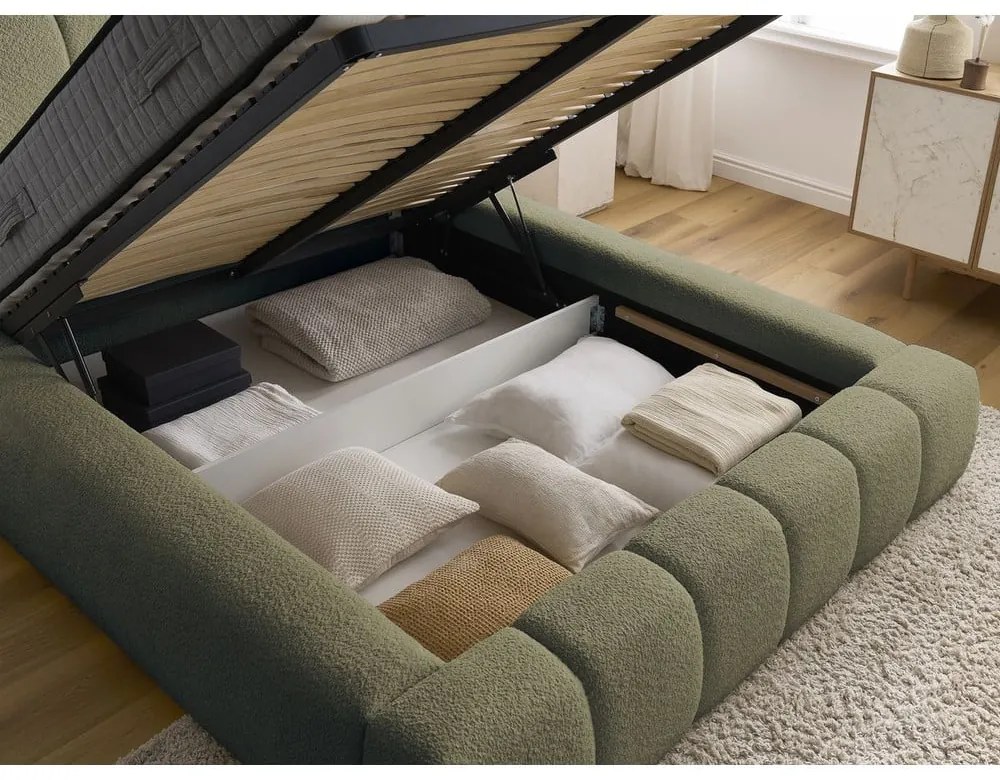 Зелено двойно тапицирано легло с място за съхранение с включена подматрачна рамка 180x200 cm Denali – Bobochic Paris