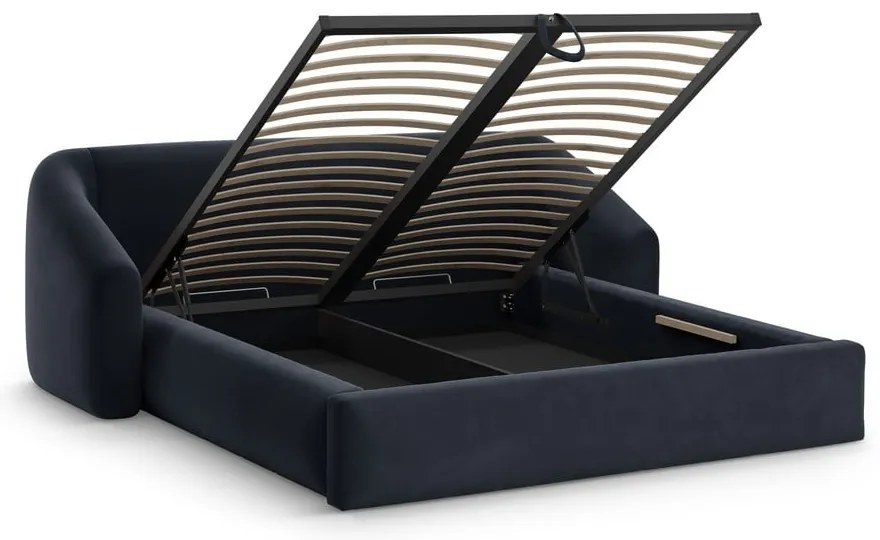 Тъмносиньо двойно легло 200x200 cm тапицирано с място за съхранение с включена подматрачна рамка Campi – Cosmopolitan Design