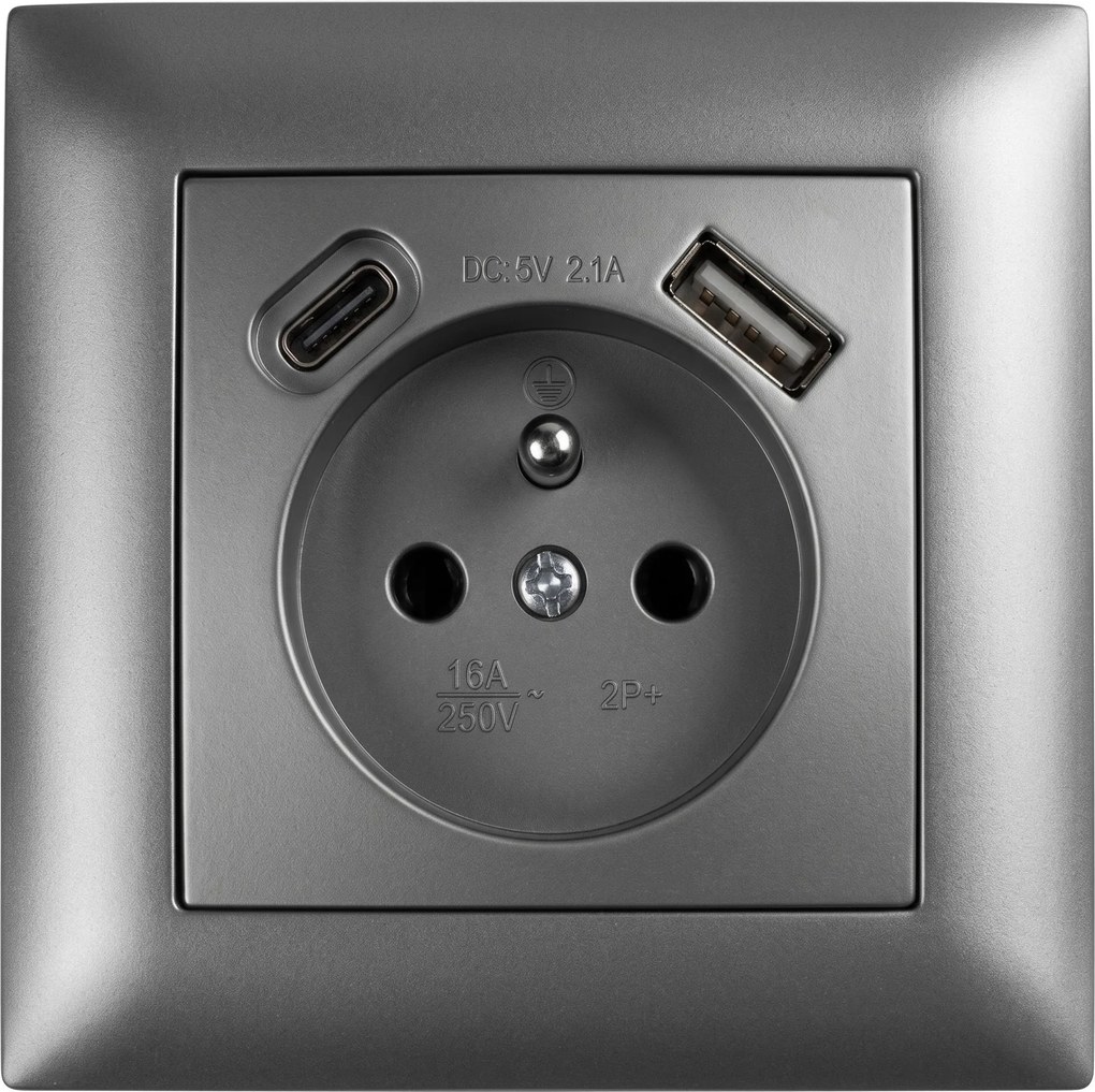 Единичен контакт със заземяване + USB-A USB-C OSTE JNH004-G Grey