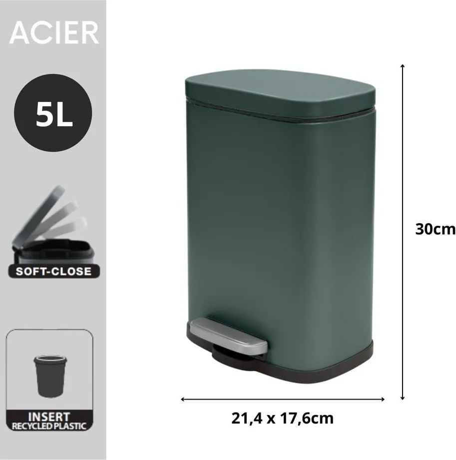 Тъмнозелено стоманено кошче за боклук с педал 5 l Akira – Spirella