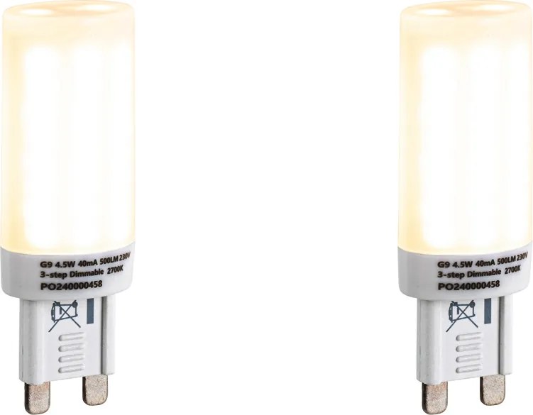 Комплект от 2 G9 LED крушки с 3-степенно димиране опал 4.5W 500 lm 2700K