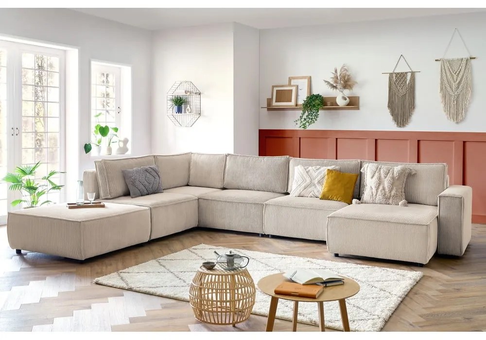 Кремав велурен U-образен ъглов диван, ляв ъгъл Nihad modular - Bobochic Paris