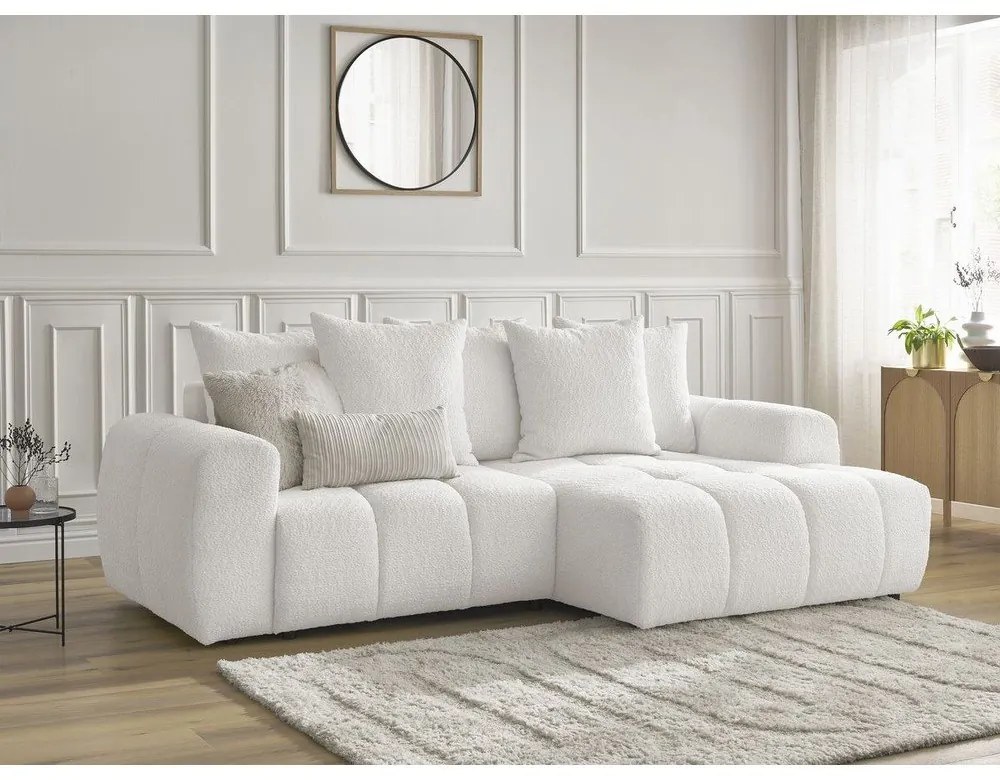 Бял разтегателен ъглов диван с място за съхранение от букле (десен ъгъл) Roxelane – Bobochic Paris