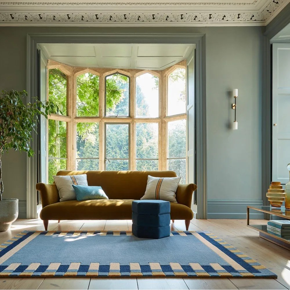 Син ръчно изработен вълнен килим 200x290 cm Kai Wool Border – Flair Rugs