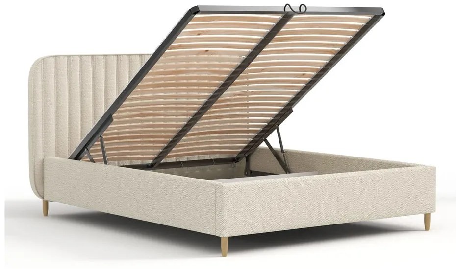 Бежово тапицирано двойно легло с място за съхранение с включена подматрачна рамка 160x200 cm Noto – Maison de Rêve