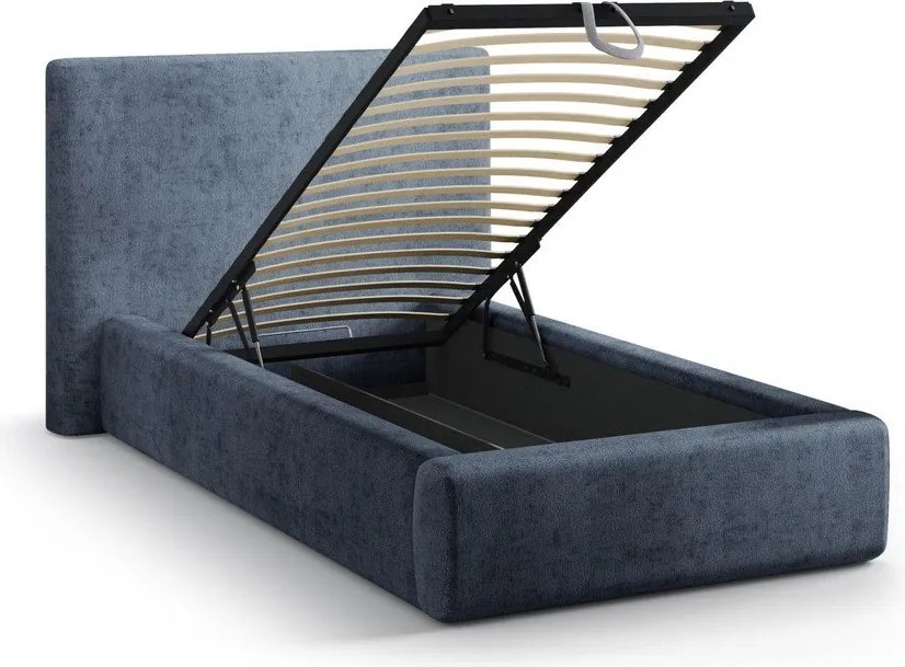 Тъмносиньо единично легло 90x200 cm тапицирано с място за съхранение с включена подматрачна рамка Amy – Micadoni