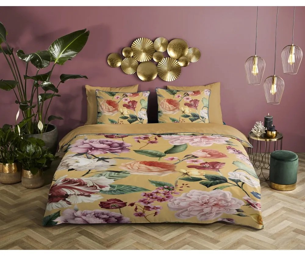 Двойно удължено спално бельо от памучен сатен в цвят жълта охра 240x220 cm Fiori – Descanso