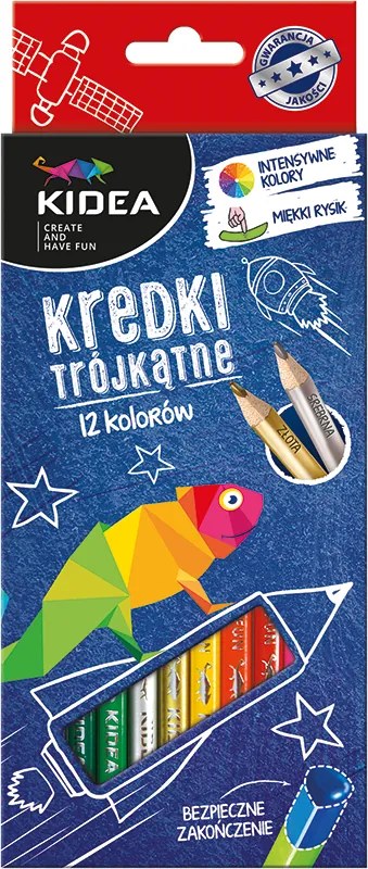 Kidea - Цветни моливи 12 цв. Триъгълни + златен и сребърен