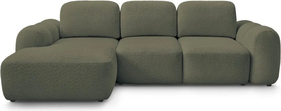 Зелен сгъваем/с място за съхранение ъглов диван от прежда с примки от букле (ляв ъгъл) Montaigne – Bobochic Paris