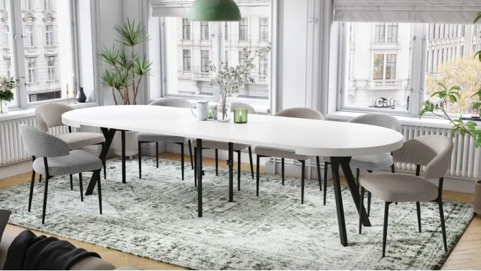 ЕКСПАНСО Бял мат/черни крака - ГОЛЯМА КРЪГЛА МАСА Ø110 РАЗТЕГАТЕЛНА ДО 310 cm С КРАКА Y ЛОФТ/ИНДУСТРИАЛНА