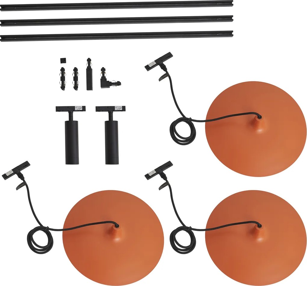 Модерна релсова система за осветление черна с 2 прожектора и 3 висящи лампи оранжеви 1-фазна - Slimline Uzzy Panzi