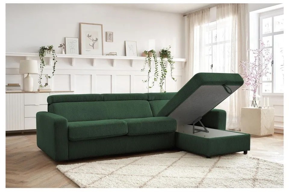 Тъмнозелен разтегателен ъглов диван от рипсено кадифе (променлив) Monaco – Bobochic Paris