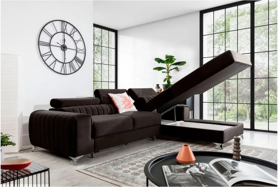 Тъмнокафяв кадифен разтегателен ъглов диван с място за съхранение (десен ъгъл) Grayson – ELTAP