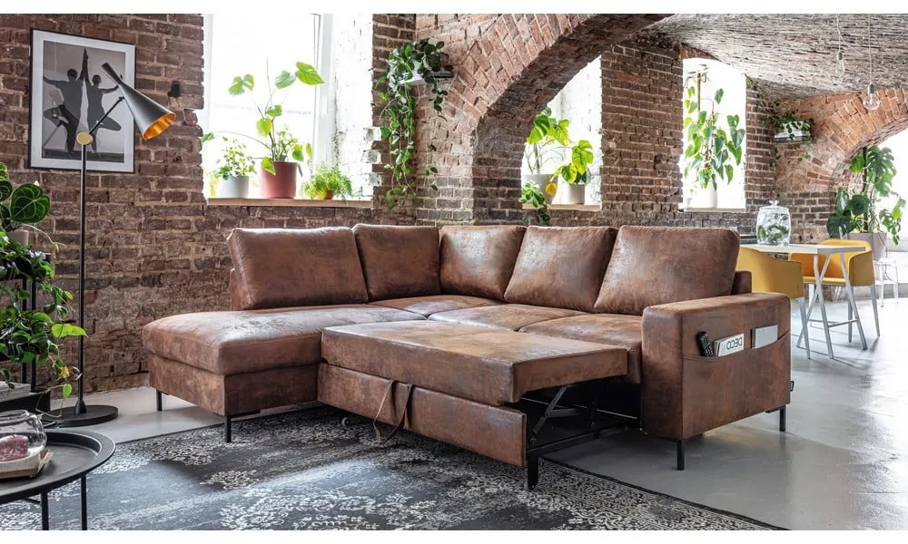 Кафяв разтегателен ъглов диван от изкуствена кожа (ляв ъгъл) Lofty Lilly – Miuform