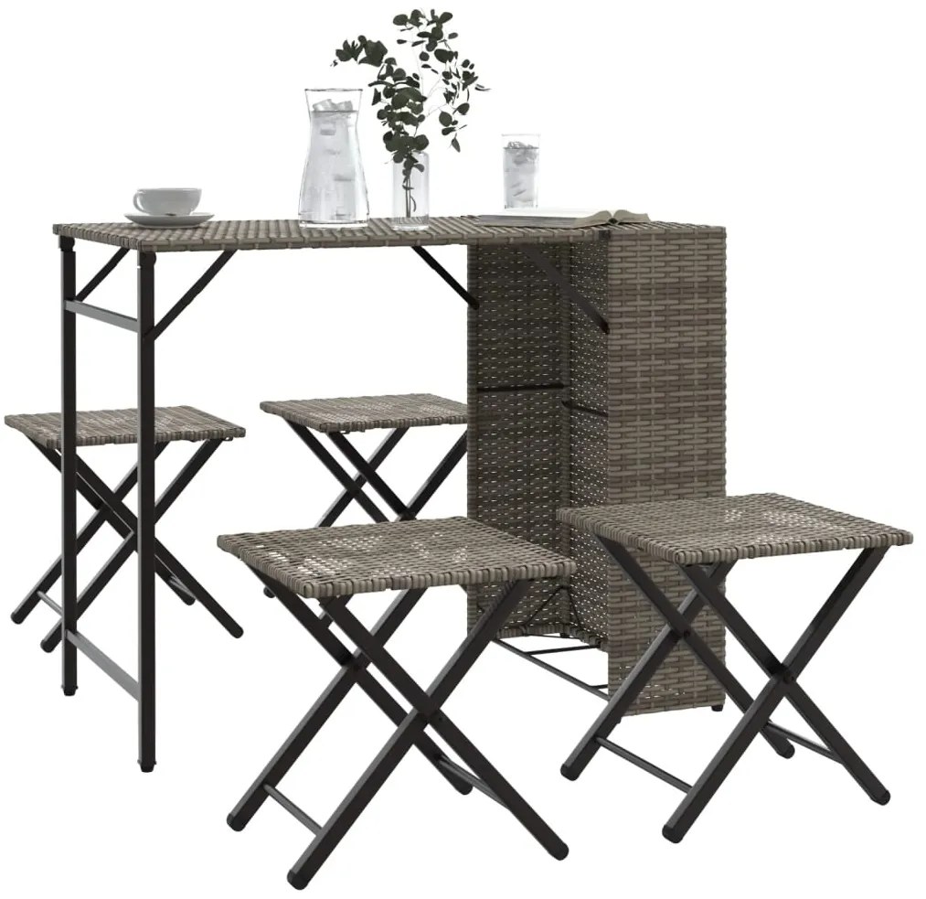 365946 vidaXL Градински трапезен комплект, 5 части, сгъваем, сив, полиратан