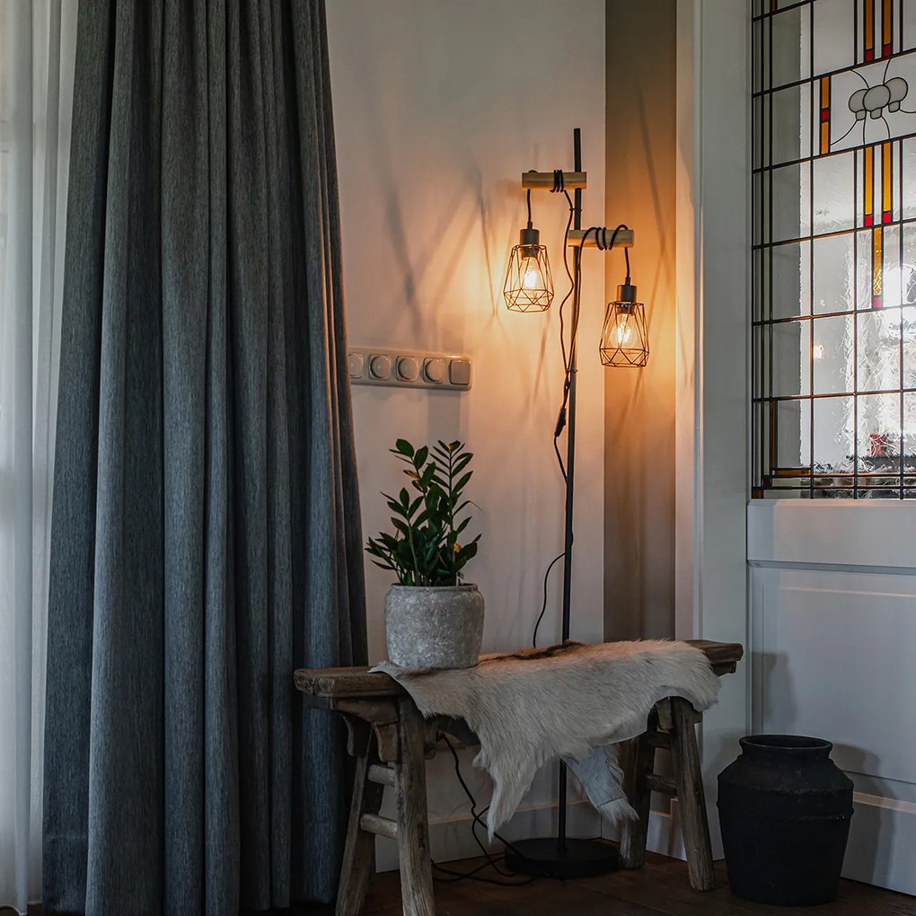 Ръстична подова лампа черна с дърво 2-светлина с абажур - Dami Frame