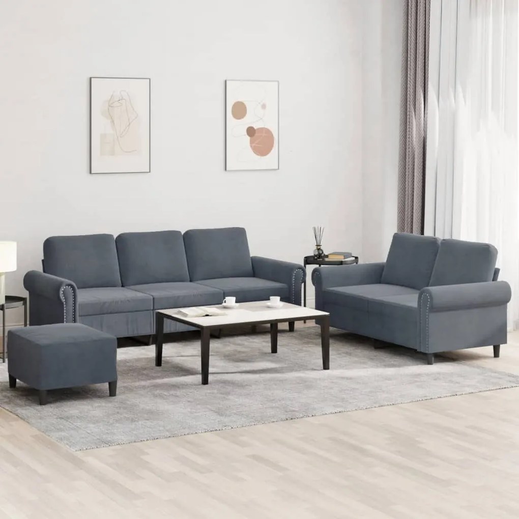 3202261 vidaXL Комплект дивани от 3 части с възглавници, тъмносив, кадифе