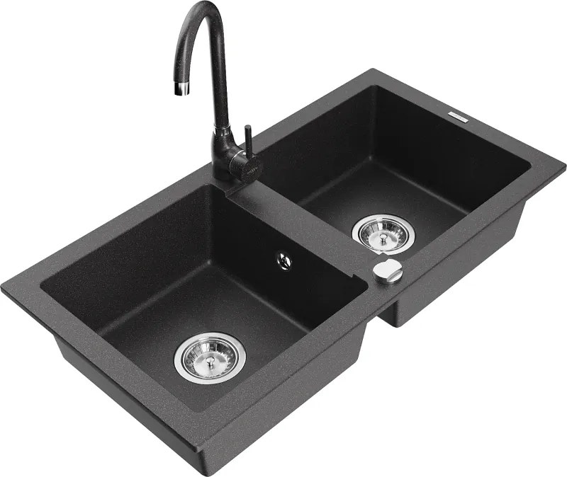 Mexen Mario двоен гранитен кухненски мивка с батерия Telma, черно на точки - 6504-76-670200-76