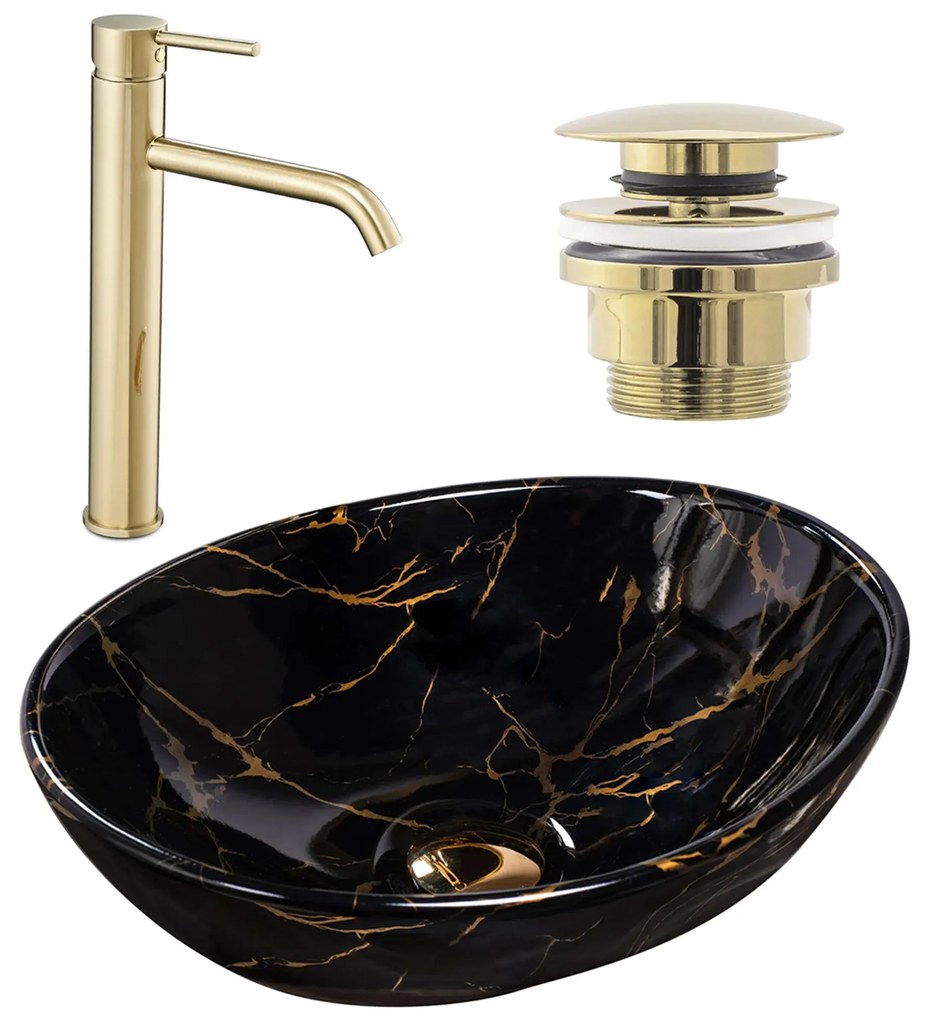 Комплект Умивалник за плот Sofia marble black + Смесител за баня Lungo gold + Изпускателен клапан gold