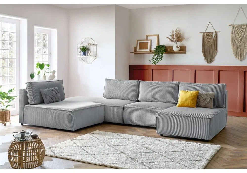 Светлосив променлив ъглов диван от велур Nihad modular - Bobochic Paris