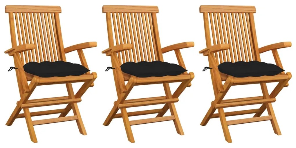 3062536 vidaXL Градински столове с черни възглавници 3 бр тик масив