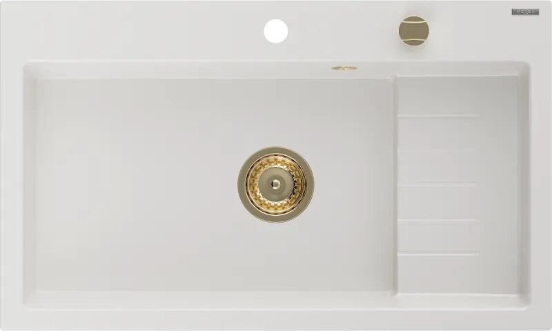 Mexen Omar гранитна мивка с 1 отделение 800 x 480 мм, бяла, златен сифон - 6520801005-20-G