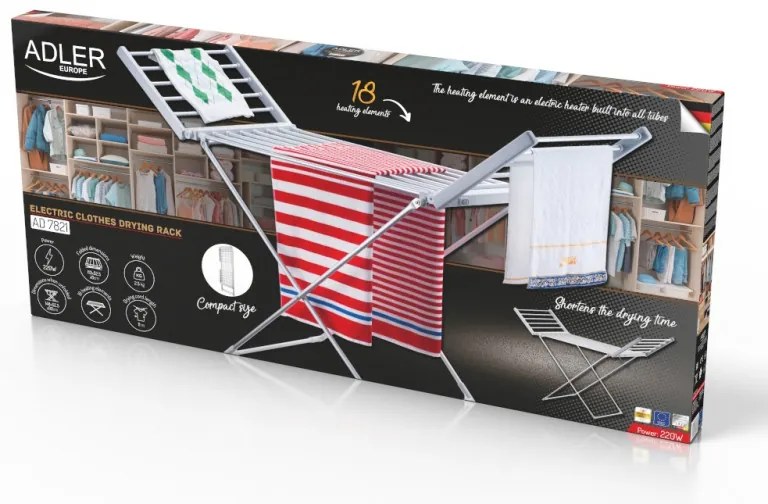 Електрически сушилник за дрехи Adler AD 7821, 220W, 18 нагревателни елемента, IP22, Бял
