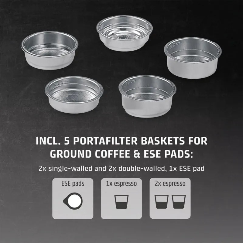 Еспресо машина Caso Gourmet Latte, 1350W, 20 bar, 1.3 л, ULKA, 6 програми, Предварително запарване, Портафилтър, ESE, Инокс