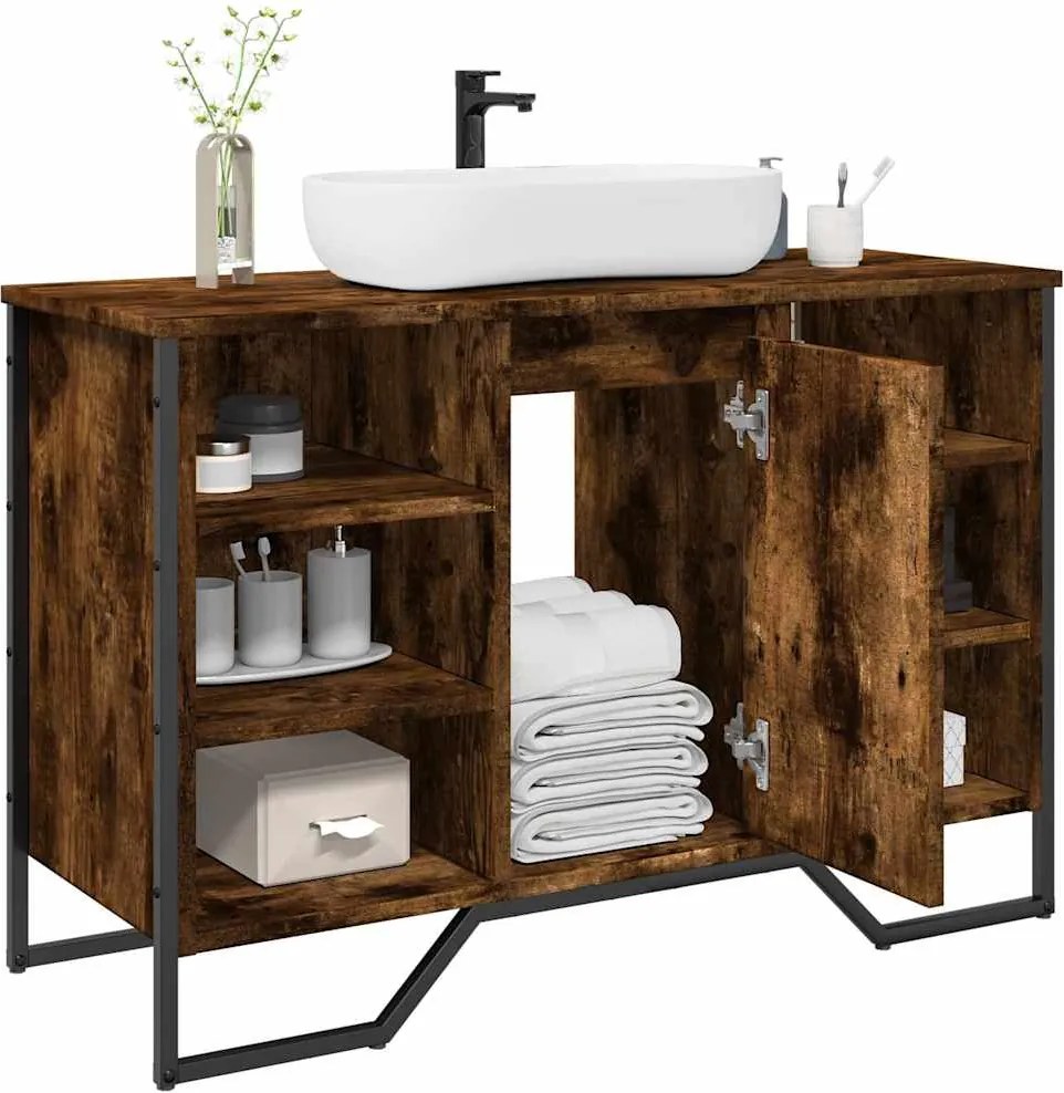 848666 vidaXL Шкаф за мивка за баня, опушен дъб, 91x35x60 см, инженерно дърво