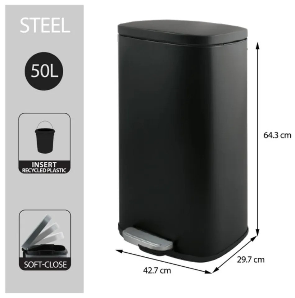 Матово черно стоманено кошче за боклук с педал 50 l Akira – Spirella