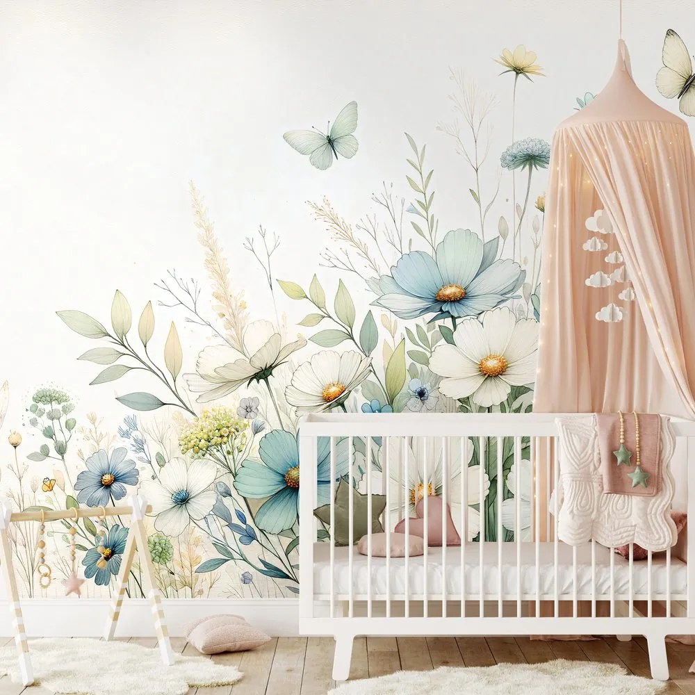 Тапет – Пастелни полски цветя и летящи пеперуди