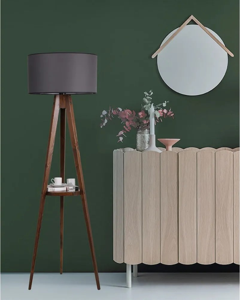 Черна/кафява подова лампа с рафт с текстилен абажур (височина 154 cm) Sehbali Tripod – Opviq lights