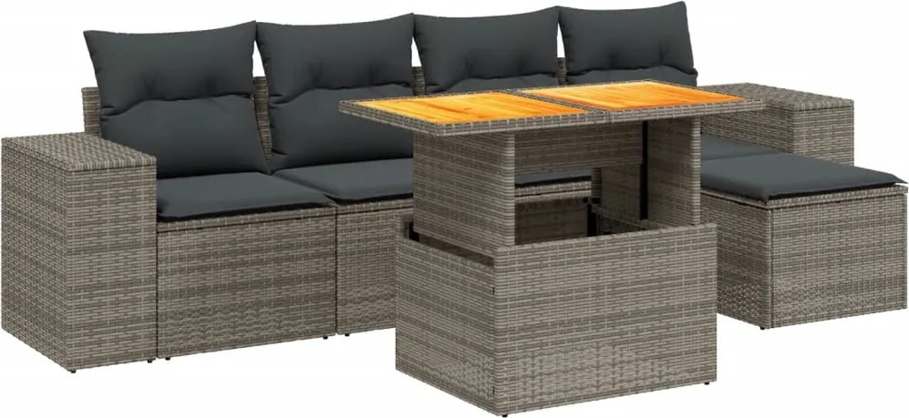 3275923 vidaXL Градински диван с възглавници, 6 части, полиратан, сив