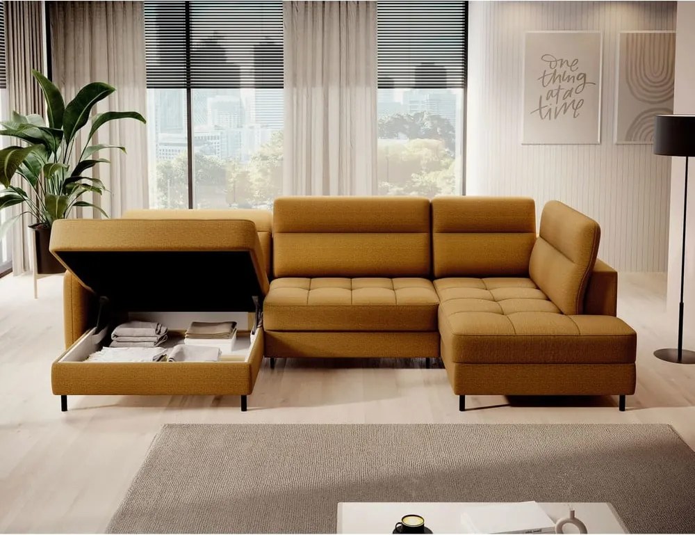 Жълт кадифен разтегателен ъглов диван с място за съхранение (десен ъгъл U форма) Berrto – ELTAP