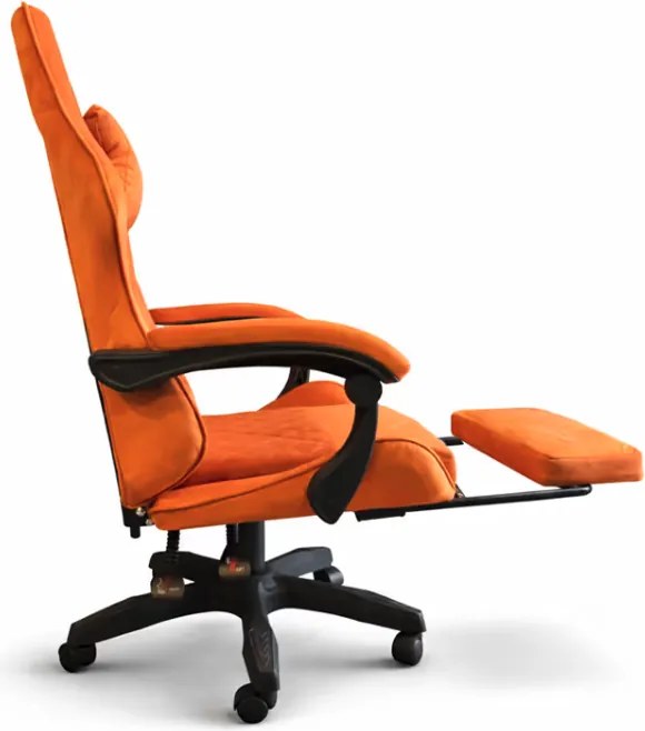 Оранжев геймърски стол с кадифена тапицерия и подвижна поставка за крака