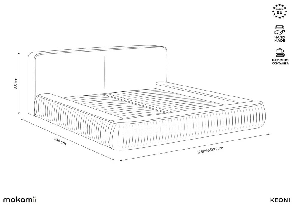 Светлосиво тапицирано двойно легло с място за съхранение и решетка 180x200 cm Keoni - Makamii