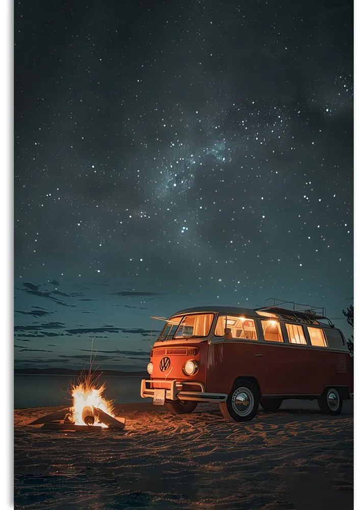 Картина на платно – Плажен огън под нощното небе – Volkswagen T1