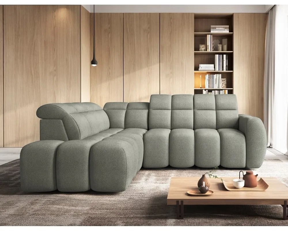 Сиво-зелен разтегателен ъглов диван с място за съхранение от букле (ляв ъгъл L форма) Falconn – ELTAP